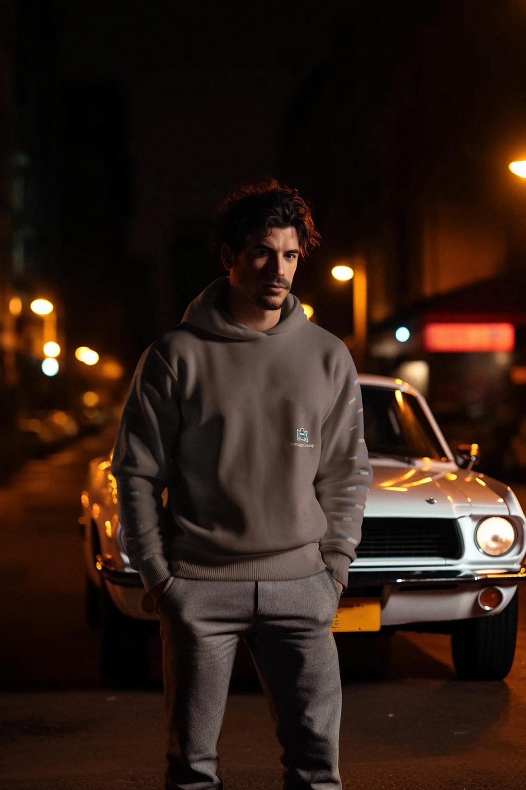 Night Library Heavyweight Hoodie in Brown, worn by a man standing by a classic car at night, with the Night Library logo and portage.camp on the left chest. Digital product mockup.