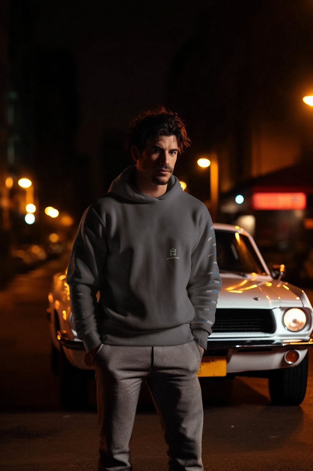 Night Library Midweight Hoodie in Black, worn by a man standing by a classic car at night, with the Night Library logo and portage.camp on the chest. Digital product mockup.