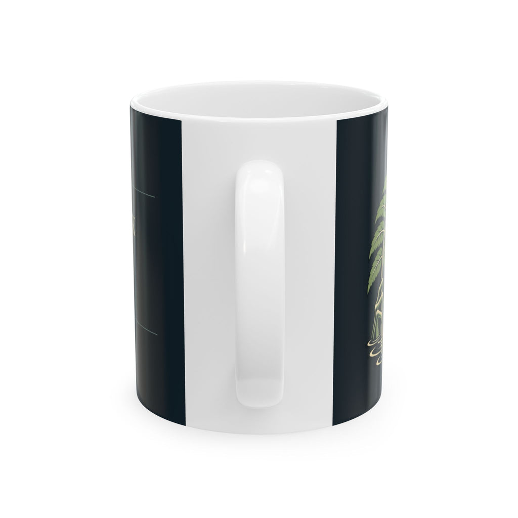 Rain Check Ceramic Mug, the handle side. Digital product mockup.