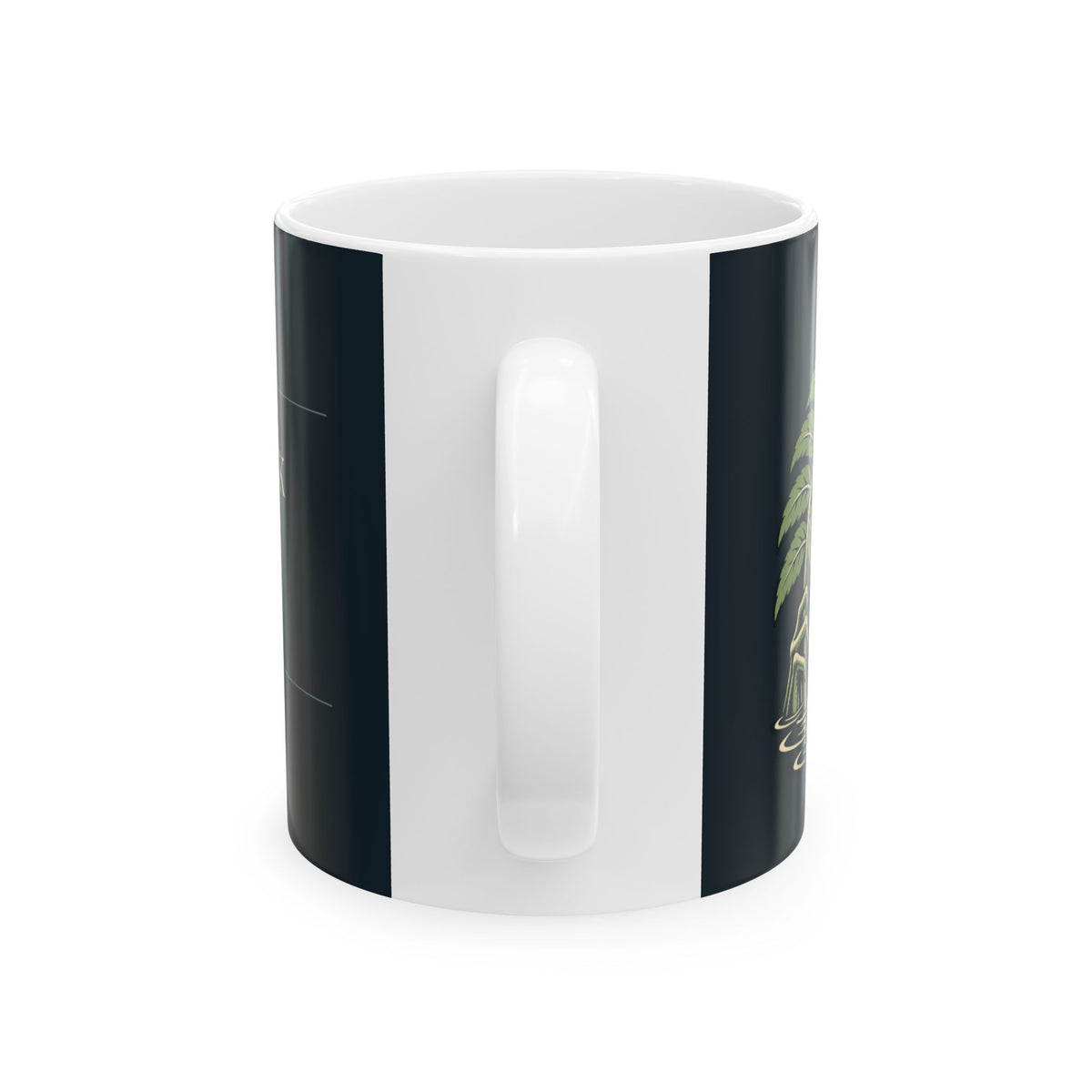 Rain Check Ceramic Mug, the handle side. Digital product mockup.