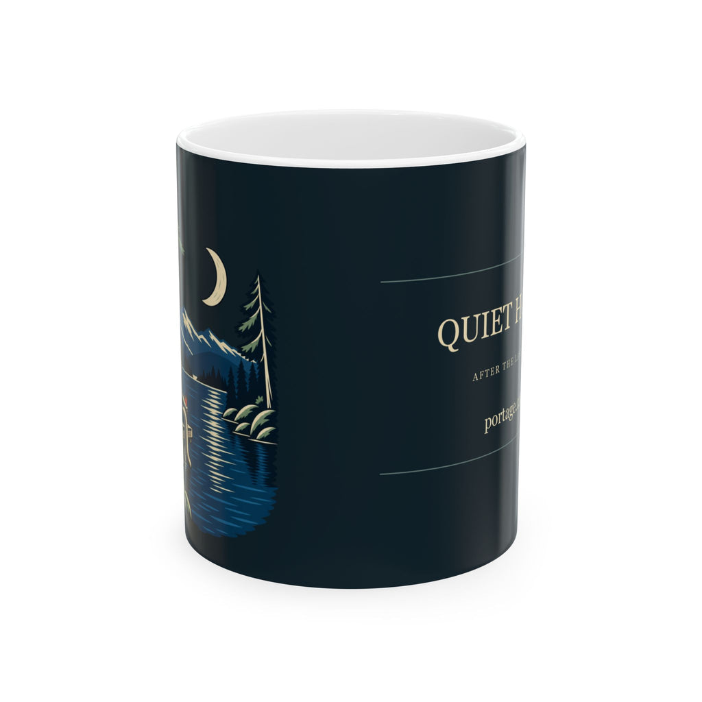 Quiet Hours Ceramic Mug, turned so the lake wraps round towards the lettering. Digital product mockup.