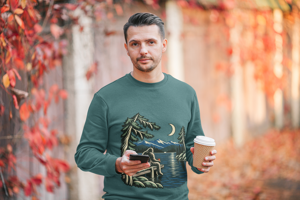 Quiet Hours Garment-Dyed Crewneck (Front Print) in Blue Spruce, worn by a man among autumn leaves, showing the large print on the front. Digital product mockup.