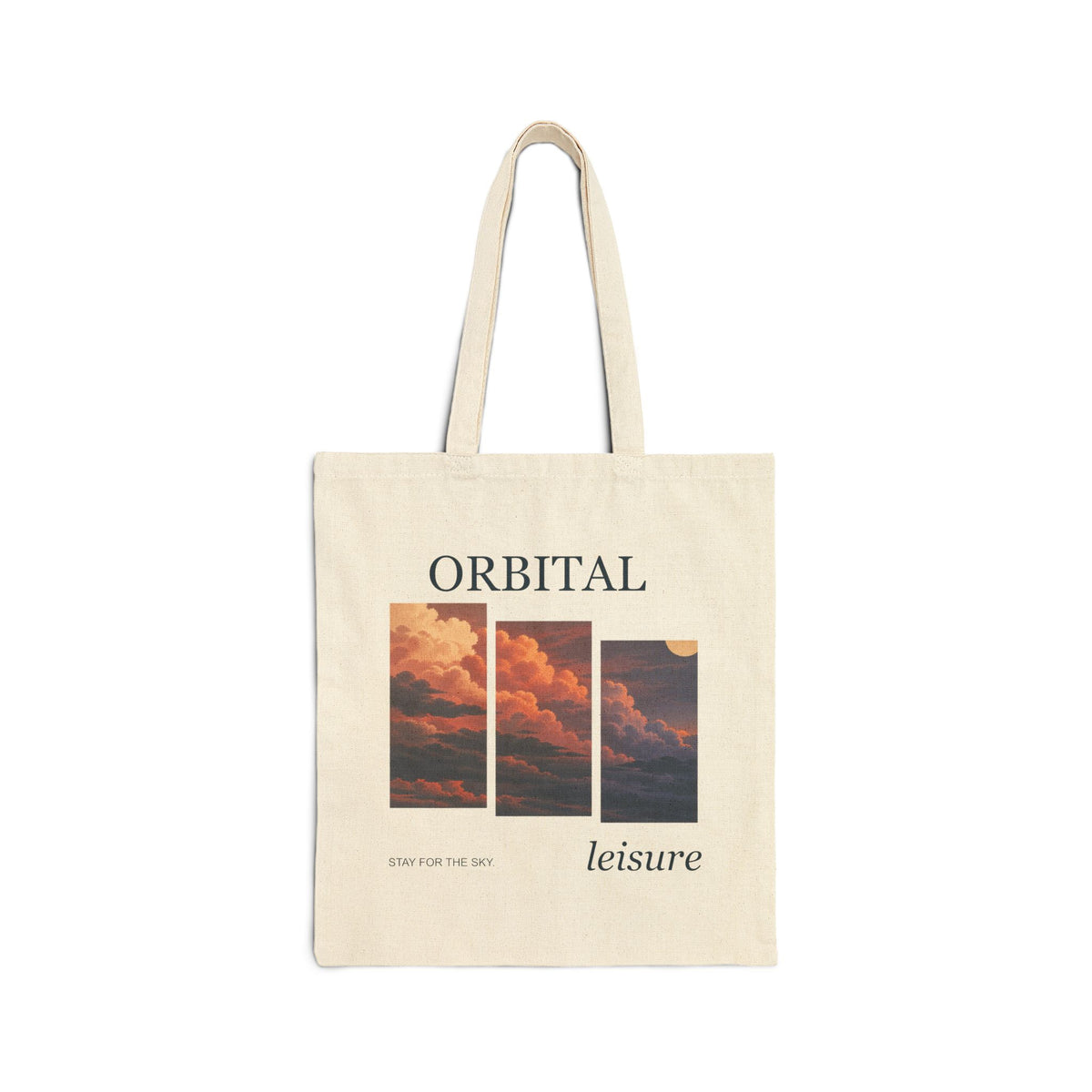 Stay for the Sky natural canvas tote: three panels of evening cloud between navy ORBITAL and leisure lettering. Digital product mockup.