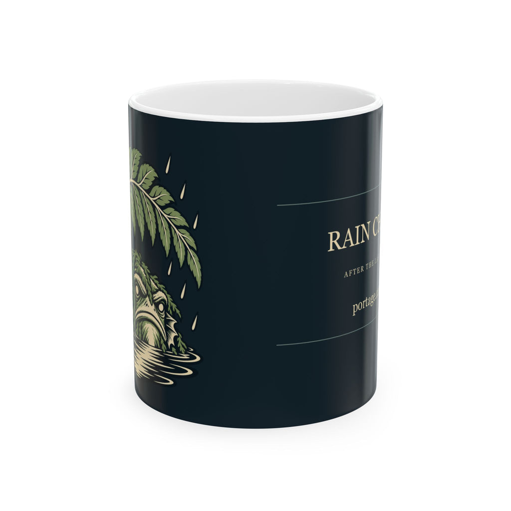 Rain Check Ceramic Mug, turned so the fern wraps round towards the lettering. Digital product mockup.