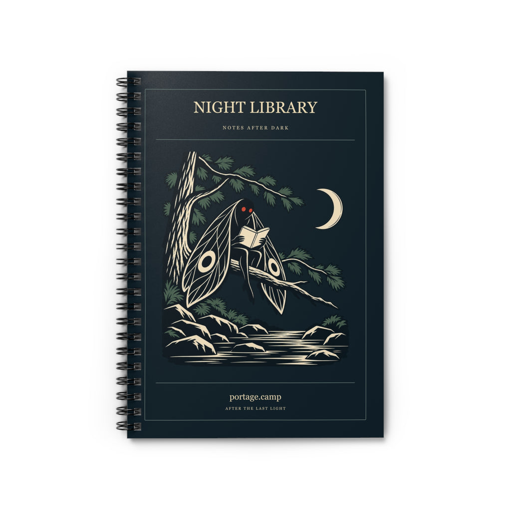 Night Library Spiral Notebook, front cover: the moth creature reading in a pine under a crescent moon, with Night Library above it. Digital product mockup.