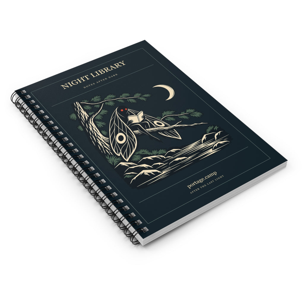 Night Library Spiral Notebook, lying at an angle, showing the spiral binding. Digital product mockup.