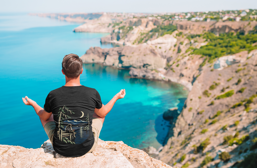 Quiet Hours Garment-Dyed Tee in Black, worn by a man seen from behind on a misty mountain top, showing the large print on the back. Digital product mockup.