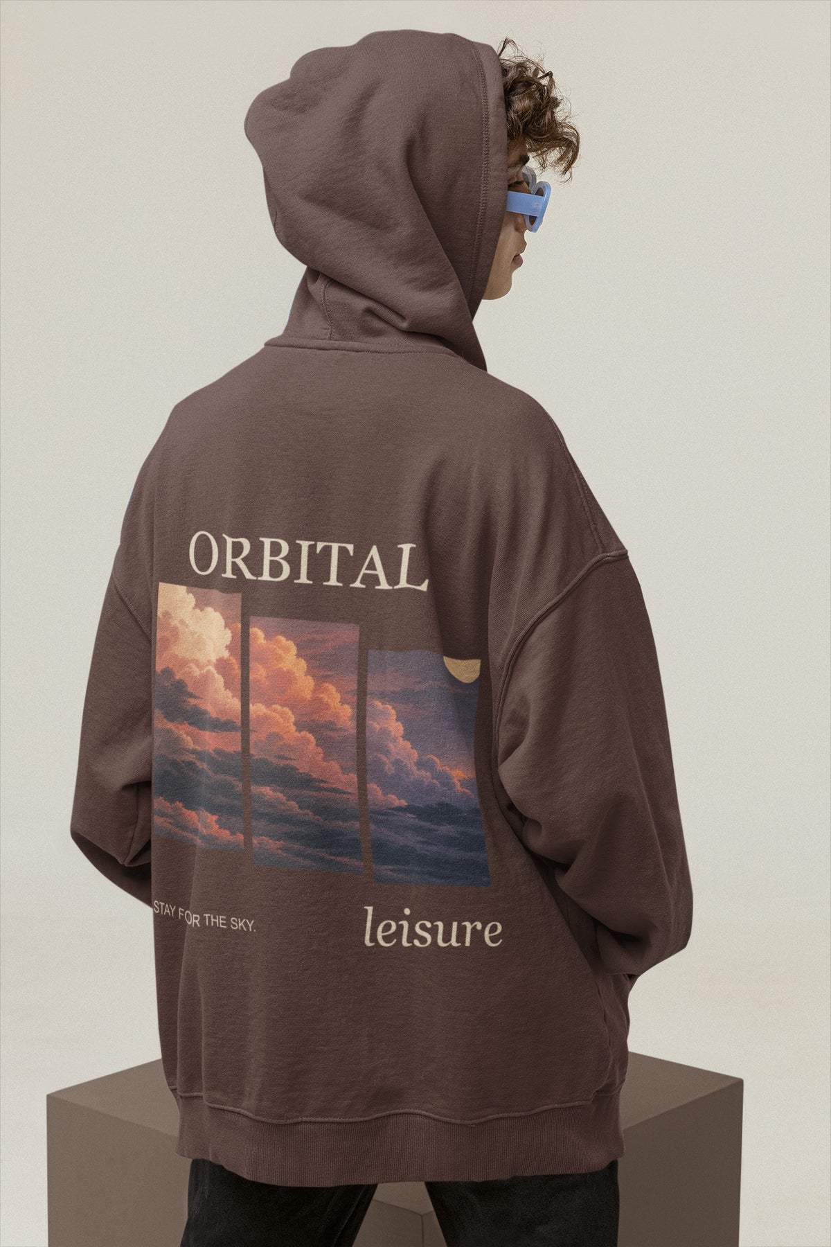 Stay for the Sky Heavyweight Hoodie in Brown, worn by a man seen from behind in a studio with the hood up, showing the large print on the back. Digital product mockup.