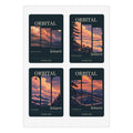 Orbital Leisure sticker sheet, four peach and navy sky scenes with lettering and white cut borders