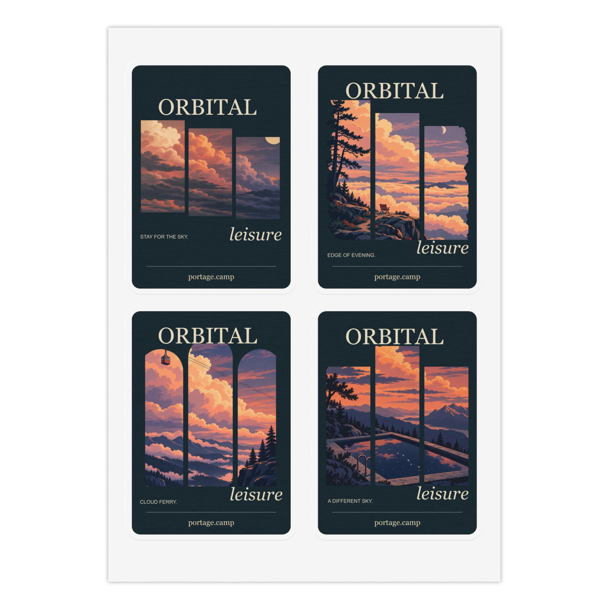 Orbital Leisure sticker sheet, four peach and navy sky scenes with lettering and white cut borders