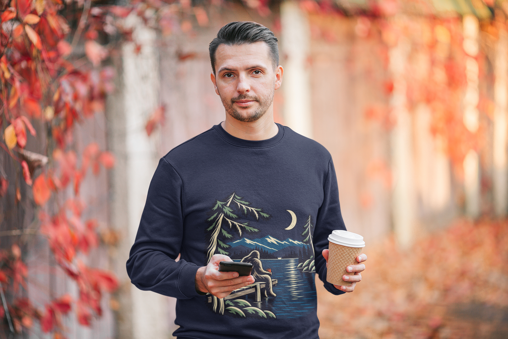 Quiet Hours Garment-Dyed Crewneck (Front Print) in True Navy, worn by a man among autumn leaves, showing the large print on the front. Digital product mockup.