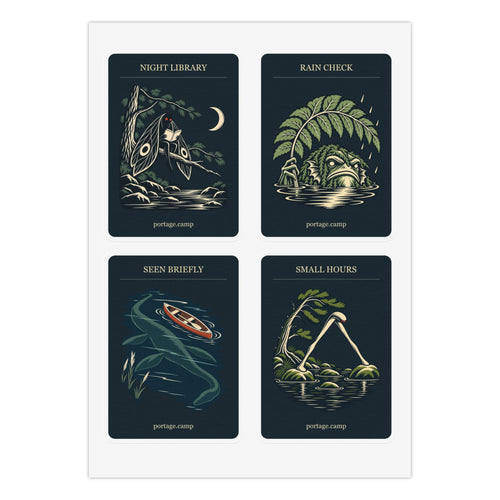 After Dark Sticker Sheet, four illustrated cryptid stickers on one sheet. Digital product mockup.