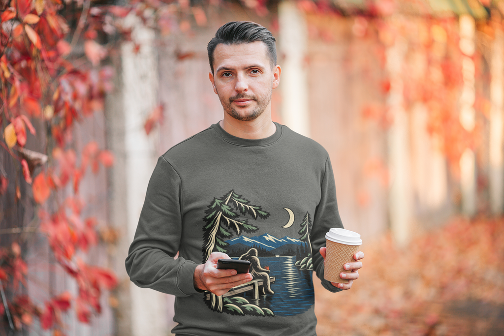 Quiet Hours Garment-Dyed Crewneck (Front Print) in Pepper, worn by a man among autumn leaves, showing the large print on the front. Digital product mockup.
