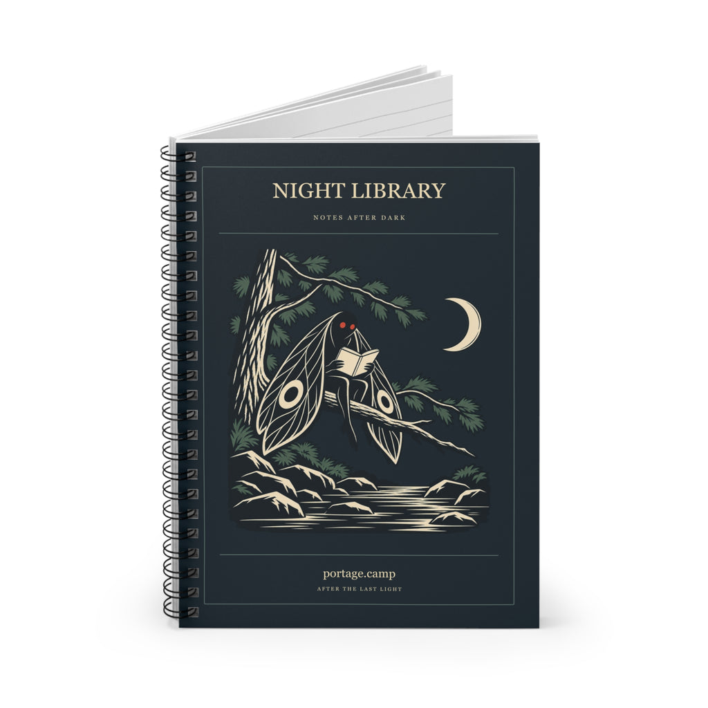 Night Library Spiral Notebook, standing upright, the cover facing you. Digital product mockup.