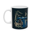 Quiet Hours Ceramic Mug, handle on the left, Bigfoot on the dock by the moonlit lake. Digital product mockup.