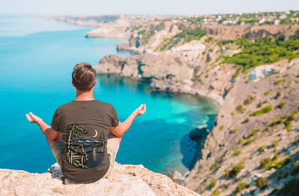 Quiet Hours Garment-Dyed Tee in Espresso, worn by a man seen from behind on a misty mountain top, showing the large print on the back. Digital product mockup.