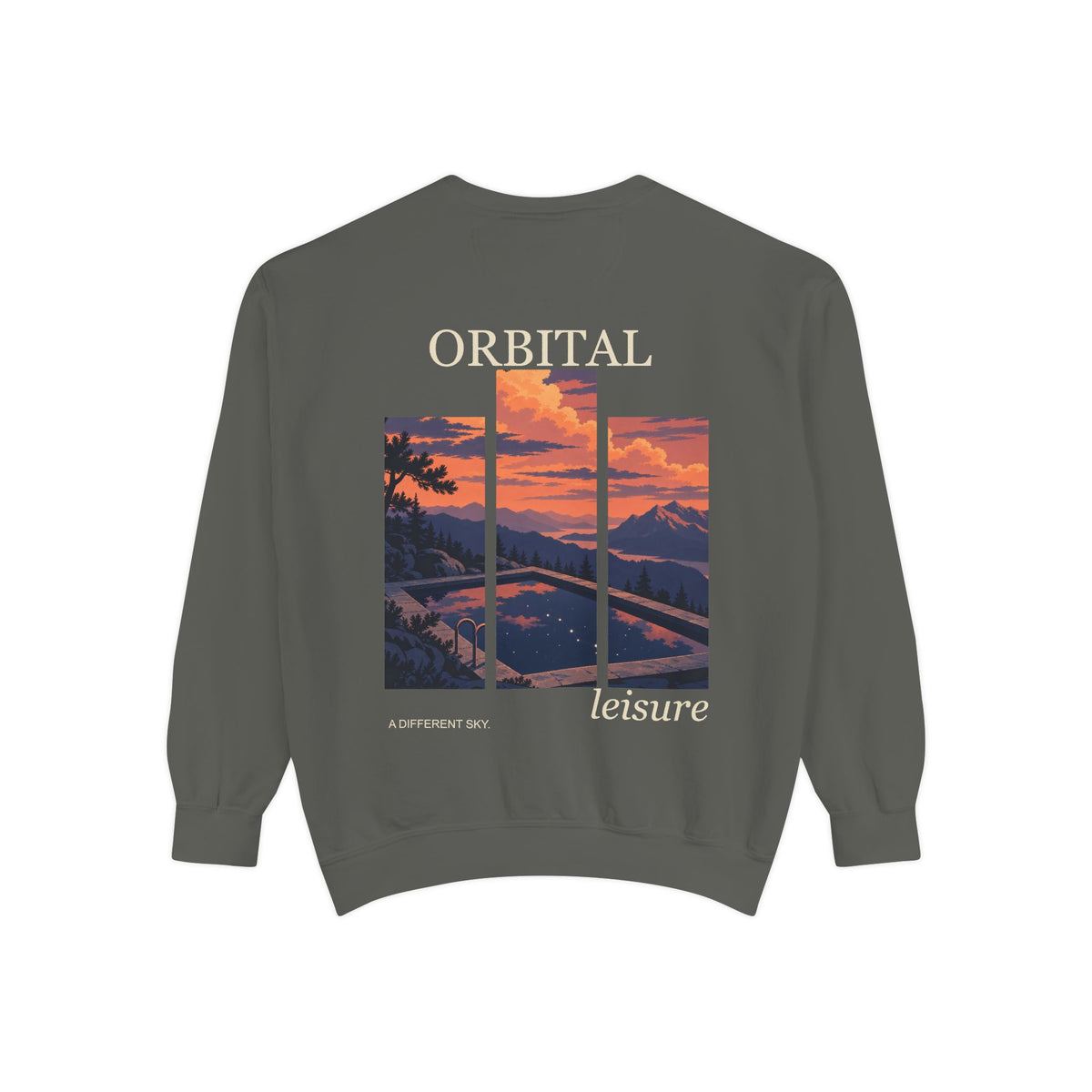 A Different Sky Garment-Dyed Crewneck in Pepper, back view with the large illustrated print. Digital product mockup.