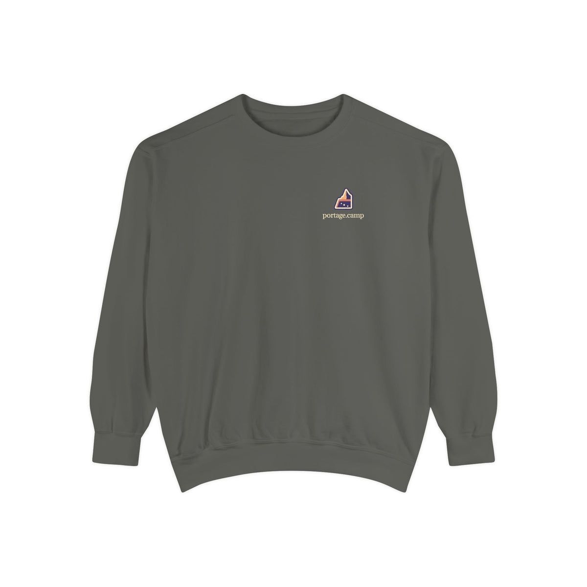 A Different Sky Garment-Dyed Crewneck in Pepper, front view with the A Different Sky logo and portage.camp on the chest. Digital product mockup.