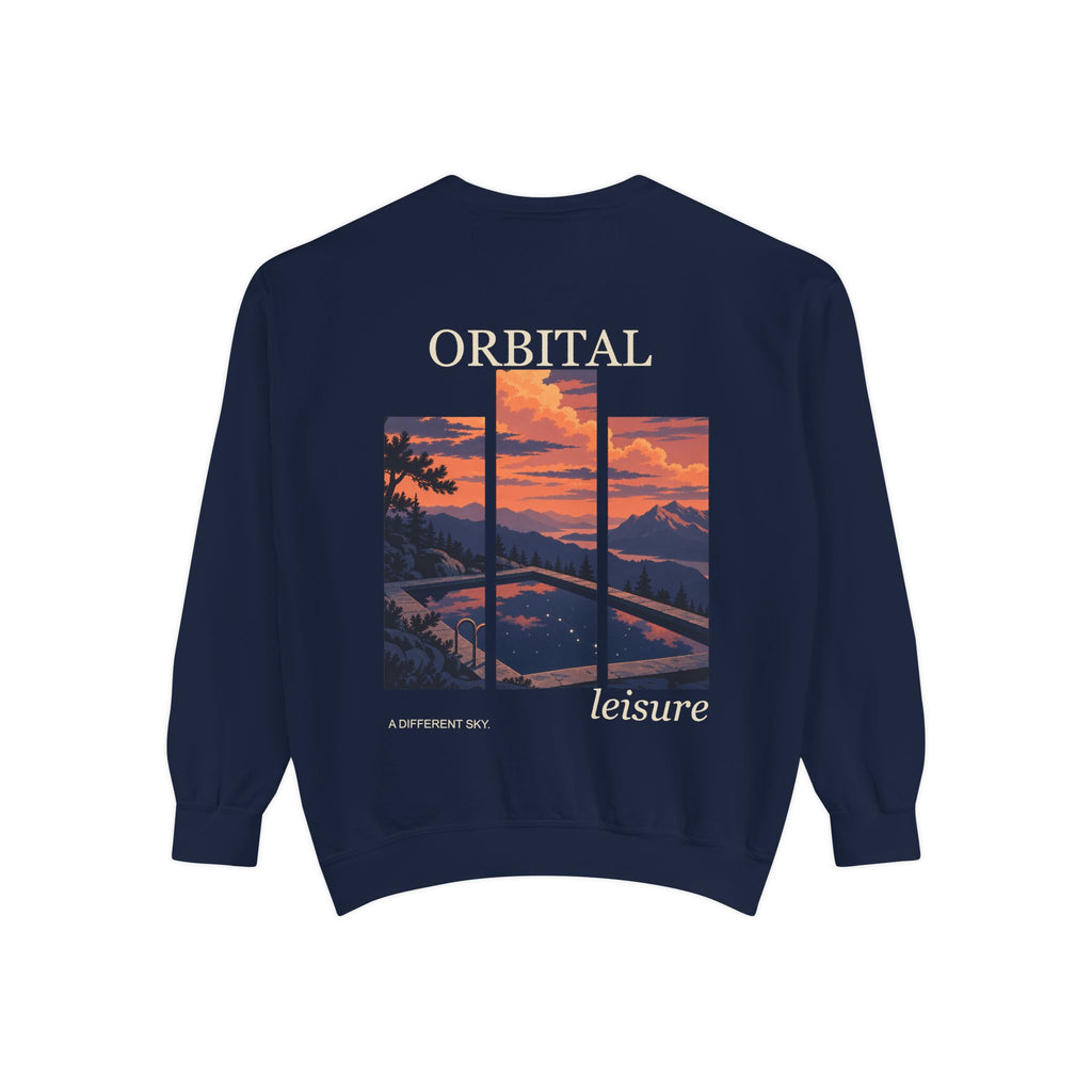 A Different Sky Garment-Dyed Crewneck in True Navy, back view with the large illustrated print. Digital product mockup.