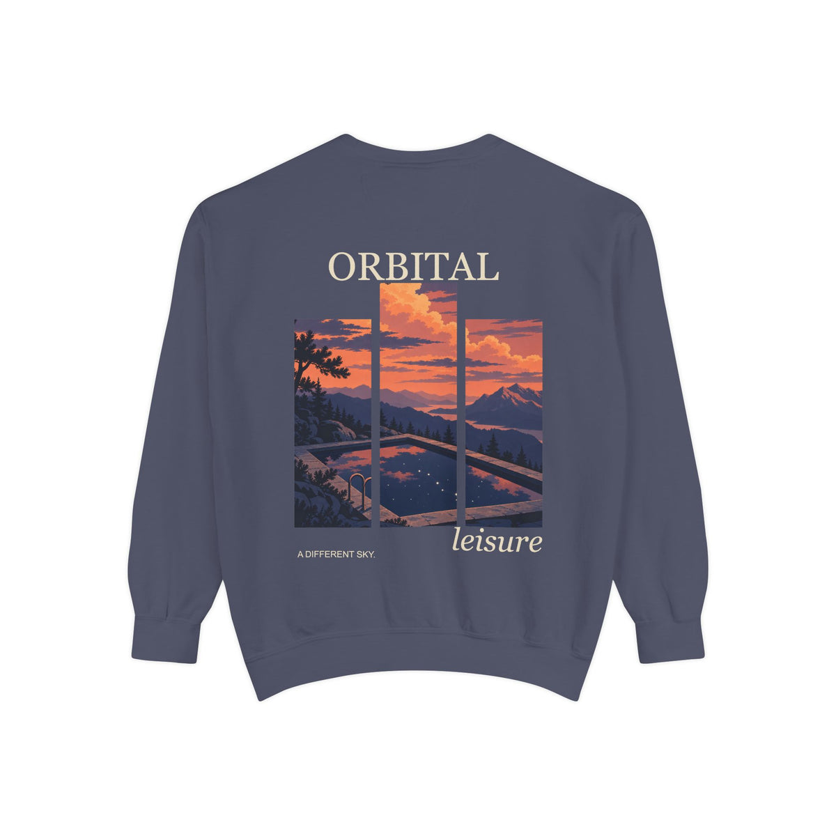 A Different Sky Garment-Dyed Crewneck in Denim, back view with the large illustrated print. Digital product mockup.