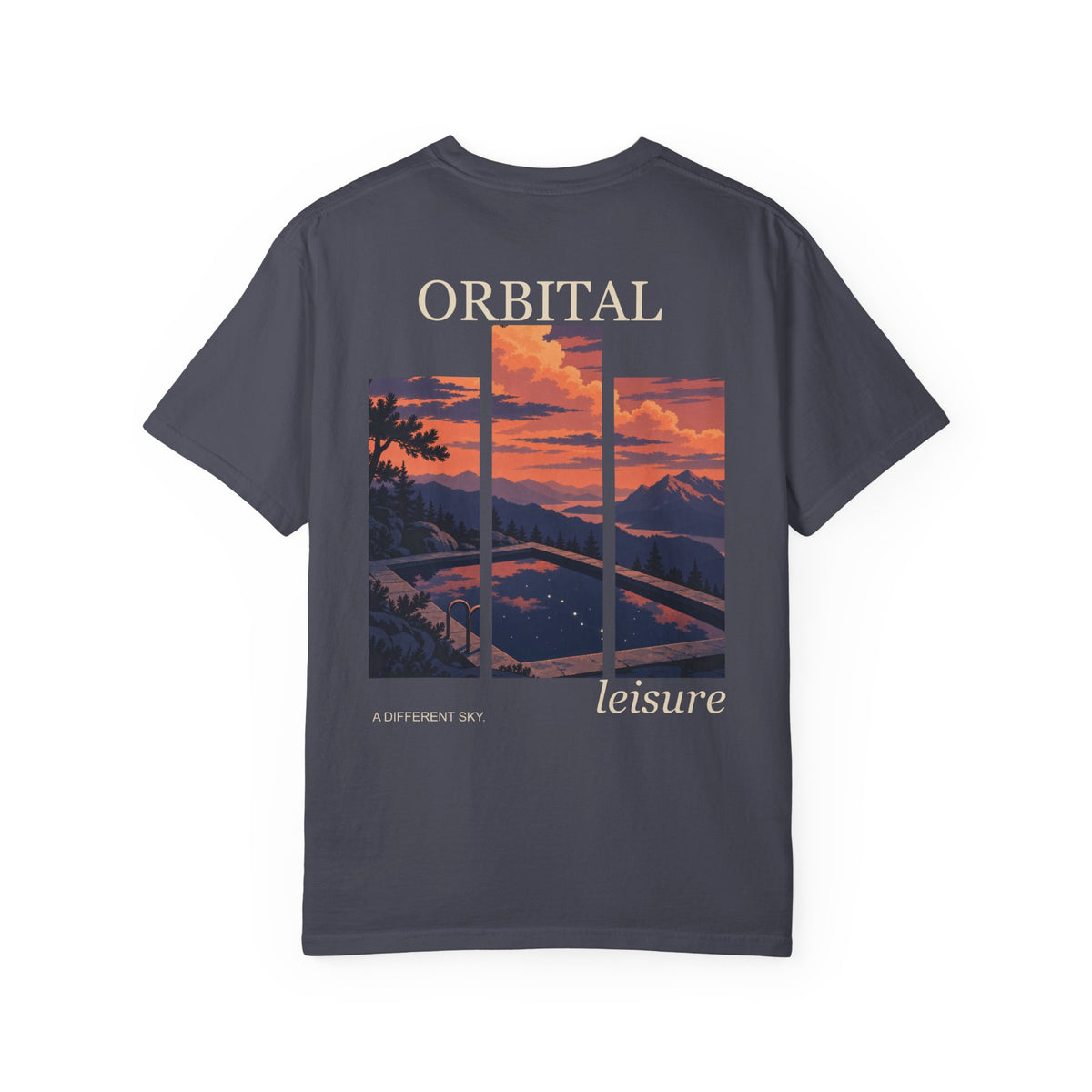 A Different Sky Garment-Dyed Tee in Navy, back view with the large illustrated print. Digital product mockup.