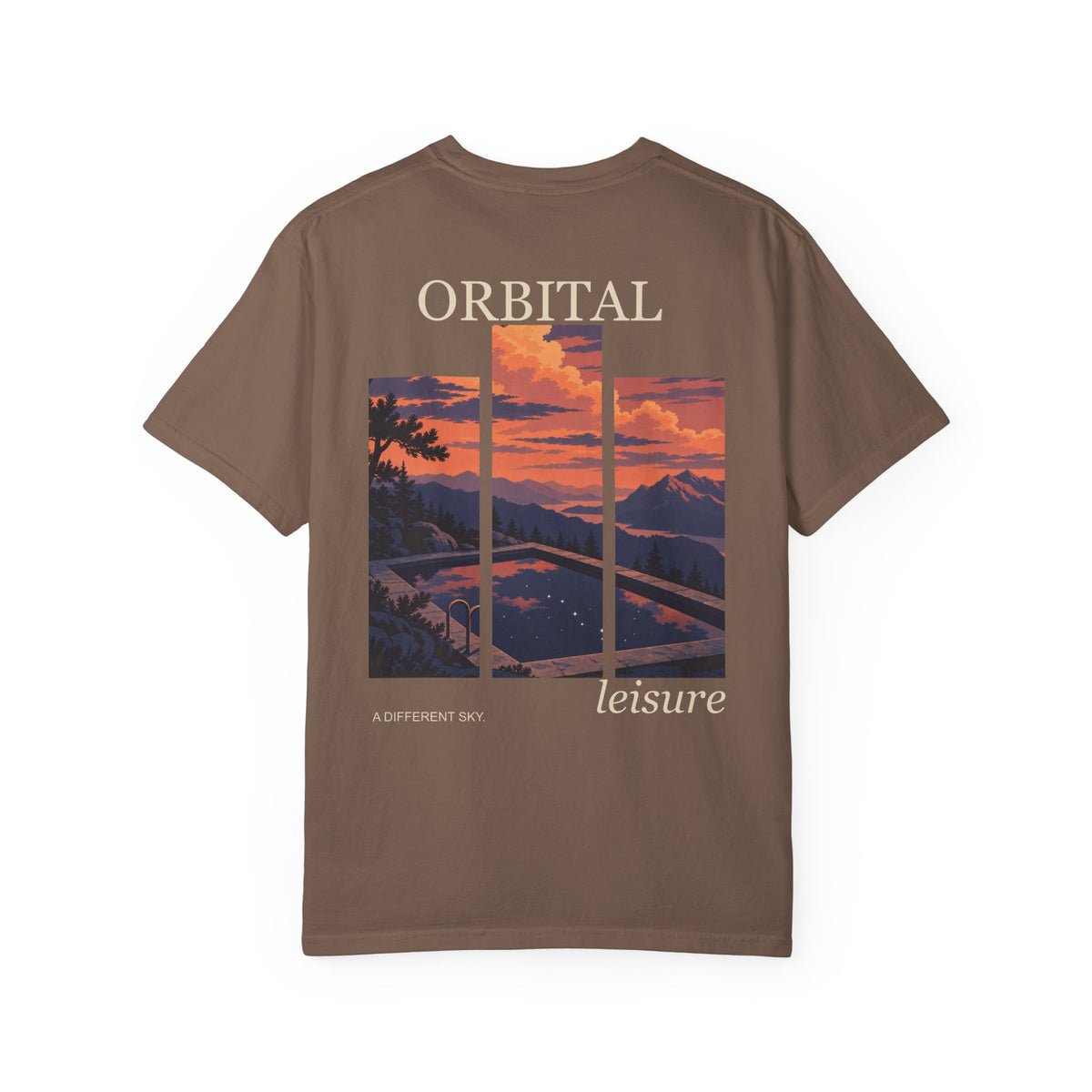 A Different Sky Garment-Dyed Tee in Espresso, back view with the large illustrated print. Digital product mockup.