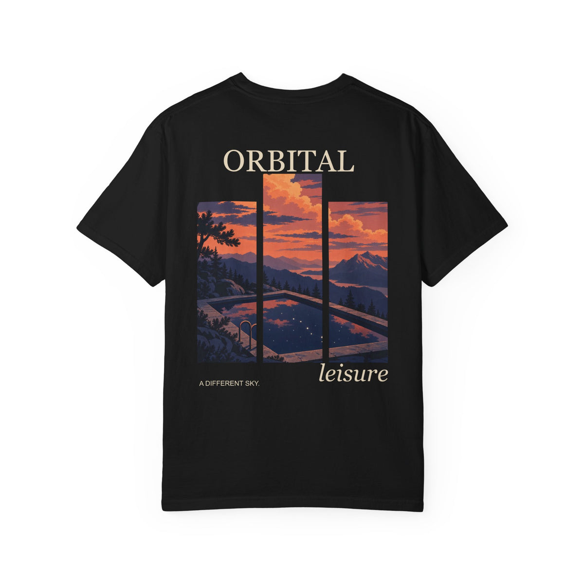 A Different Sky Garment-Dyed Tee in Black, back view with the large illustrated print. Digital product mockup.
