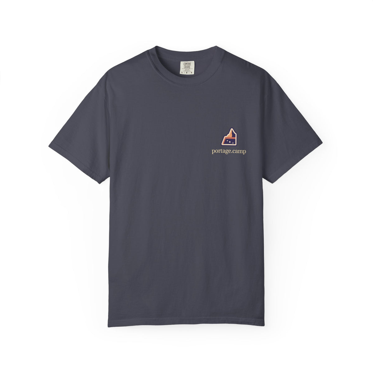 A Different Sky Garment-Dyed Tee in Navy, front view with the A Different Sky logo and portage.camp on the chest. Digital product mockup.