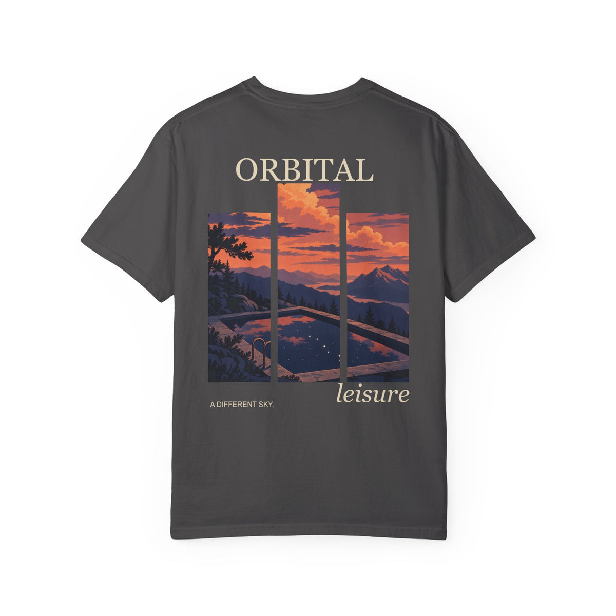 A Different Sky Garment-Dyed Tee in Graphite, back view with the large illustrated print. Digital product mockup.
