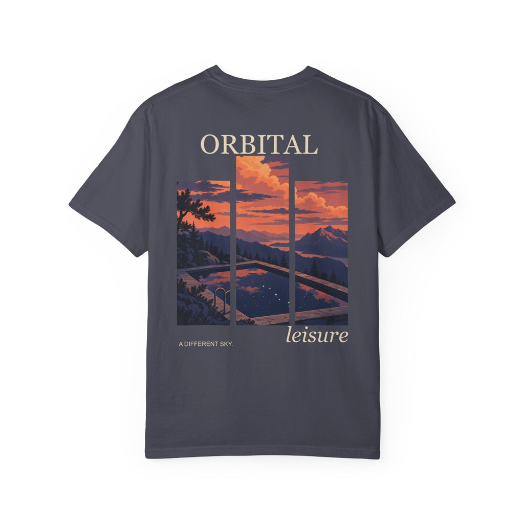 A Different Sky Garment-Dyed Tee in Navy, back view with the large illustrated print. Digital product mockup.