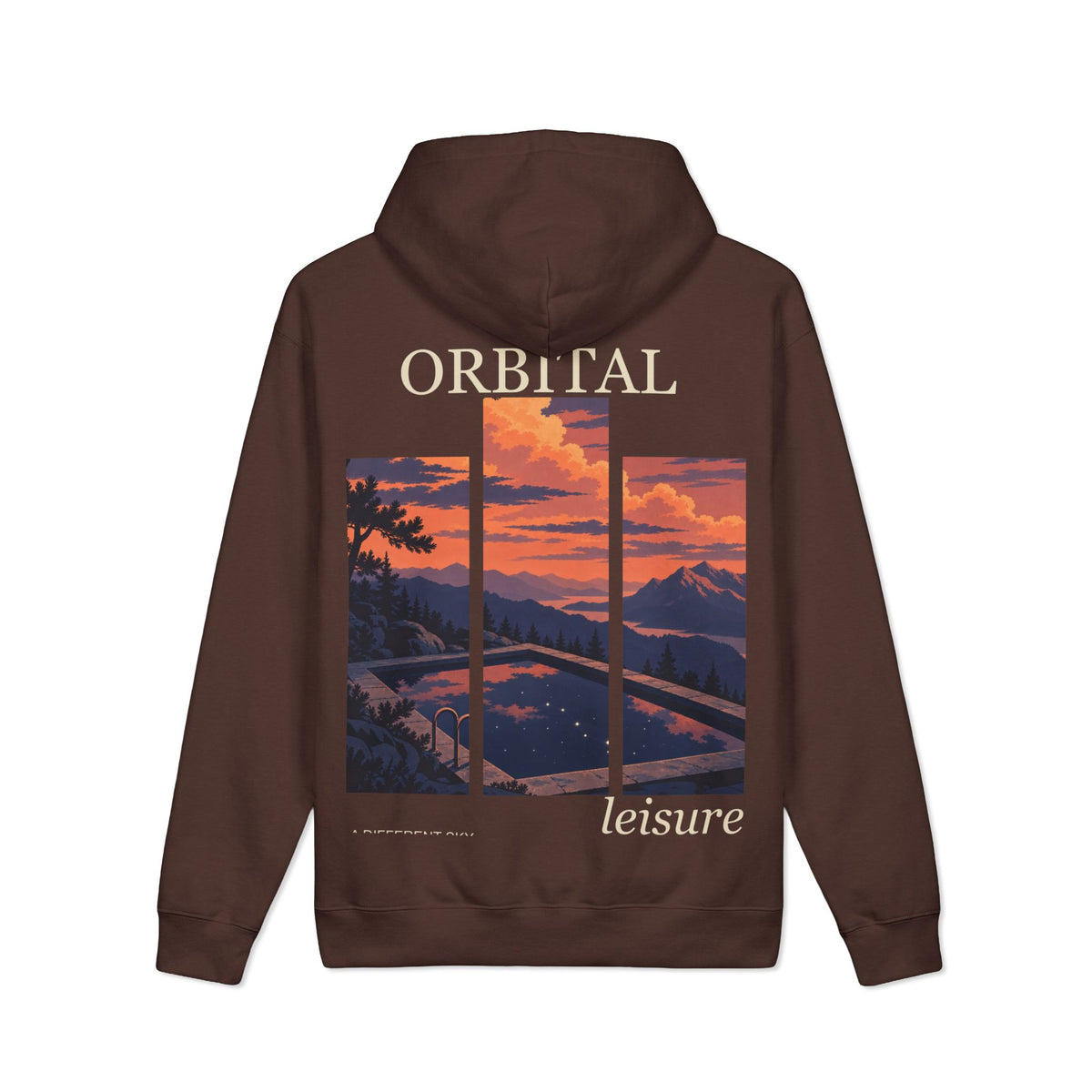 A Different Sky Heavyweight Hoodie in Brown, back view with the large illustrated print. Digital product mockup.