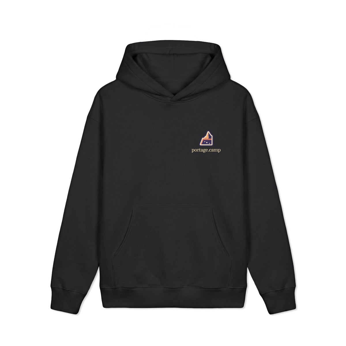 A Different Sky Heavyweight Hoodie in Black, front view with the A Different Sky logo and portage.camp on the left chest. Digital product mockup.