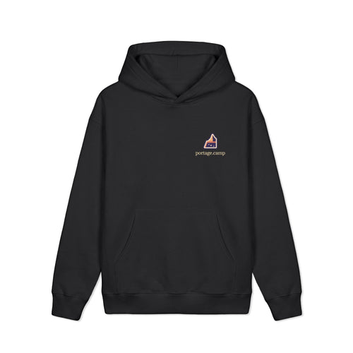A Different Sky Heavyweight Hoodie in Black, front view with the A Different Sky logo and portage.camp on the left chest. Digital product mockup.