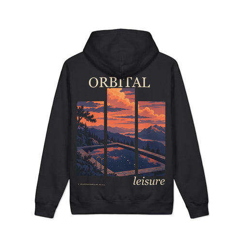 A Different Sky Heavyweight Hoodie in Black, back view with the large illustrated print. Digital product mockup.