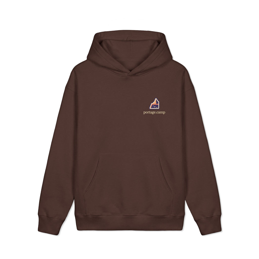 A Different Sky Heavyweight Hoodie in Brown, front view with the A Different Sky logo and portage.camp on the left chest. Digital product mockup.