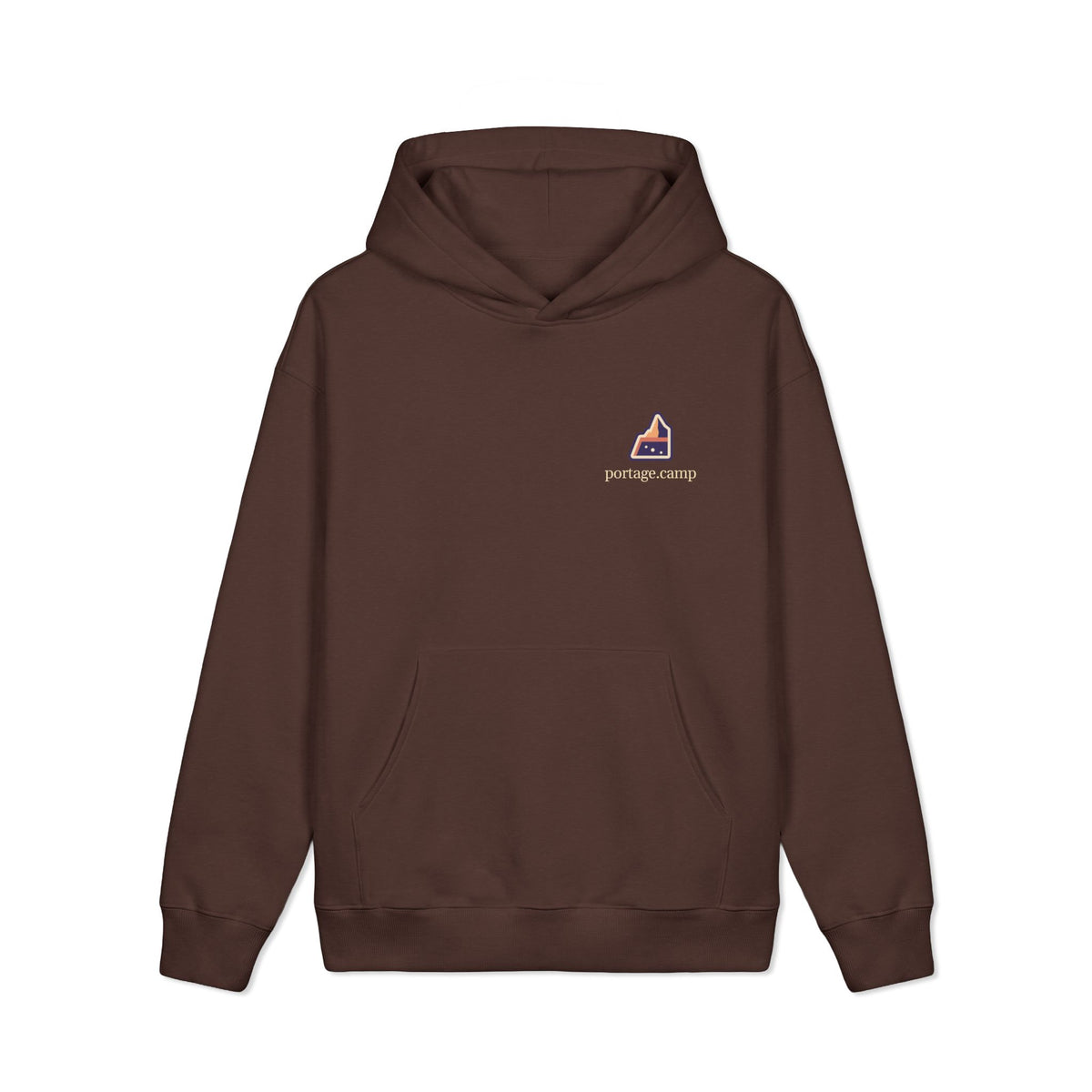 A Different Sky Heavyweight Hoodie in Brown, front view with the A Different Sky logo and portage.camp on the left chest. Digital product mockup.
