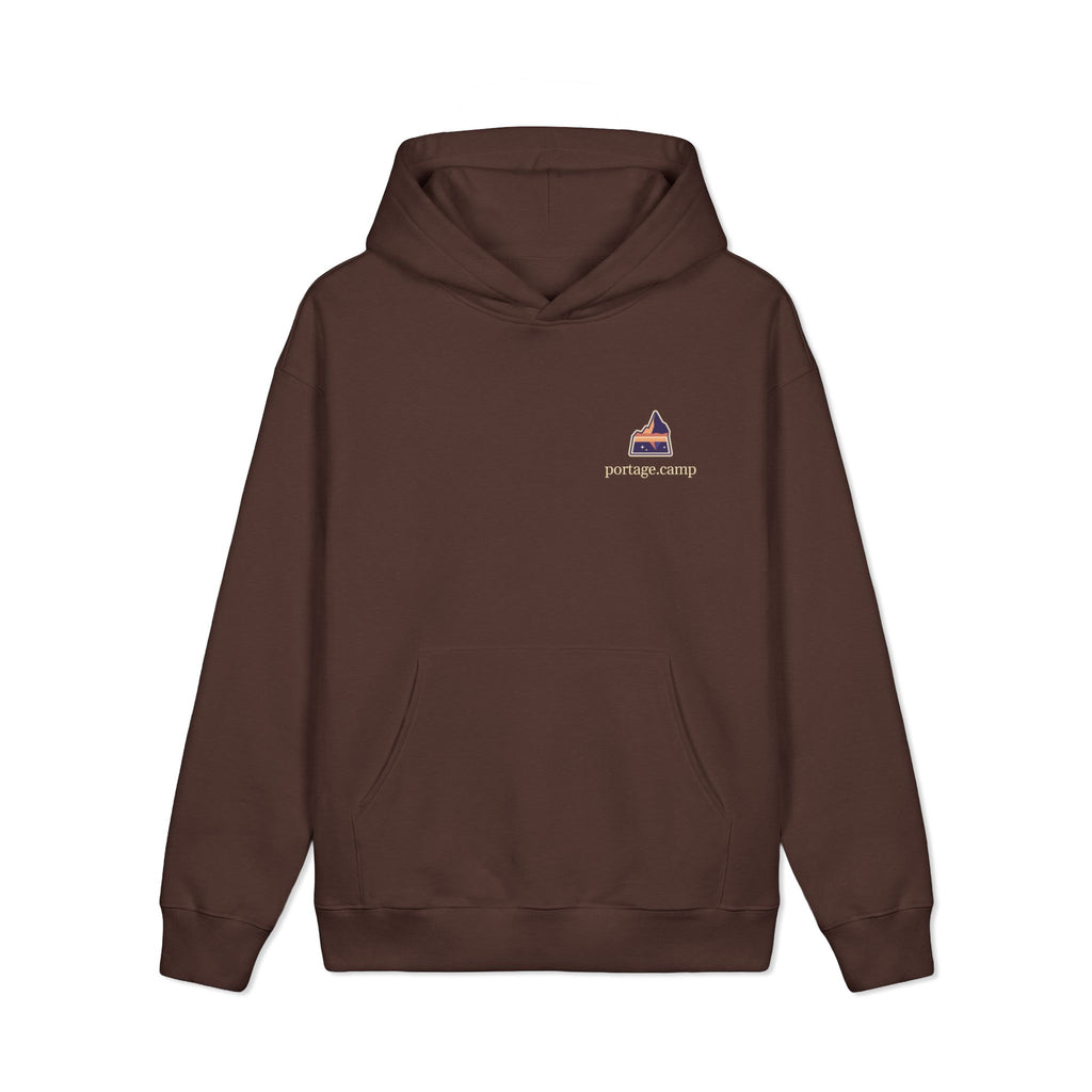 A Different Sky Heavyweight Hoodie in Brown, front view with the A Different Sky logo and portage.camp on the left chest. Digital product mockup.