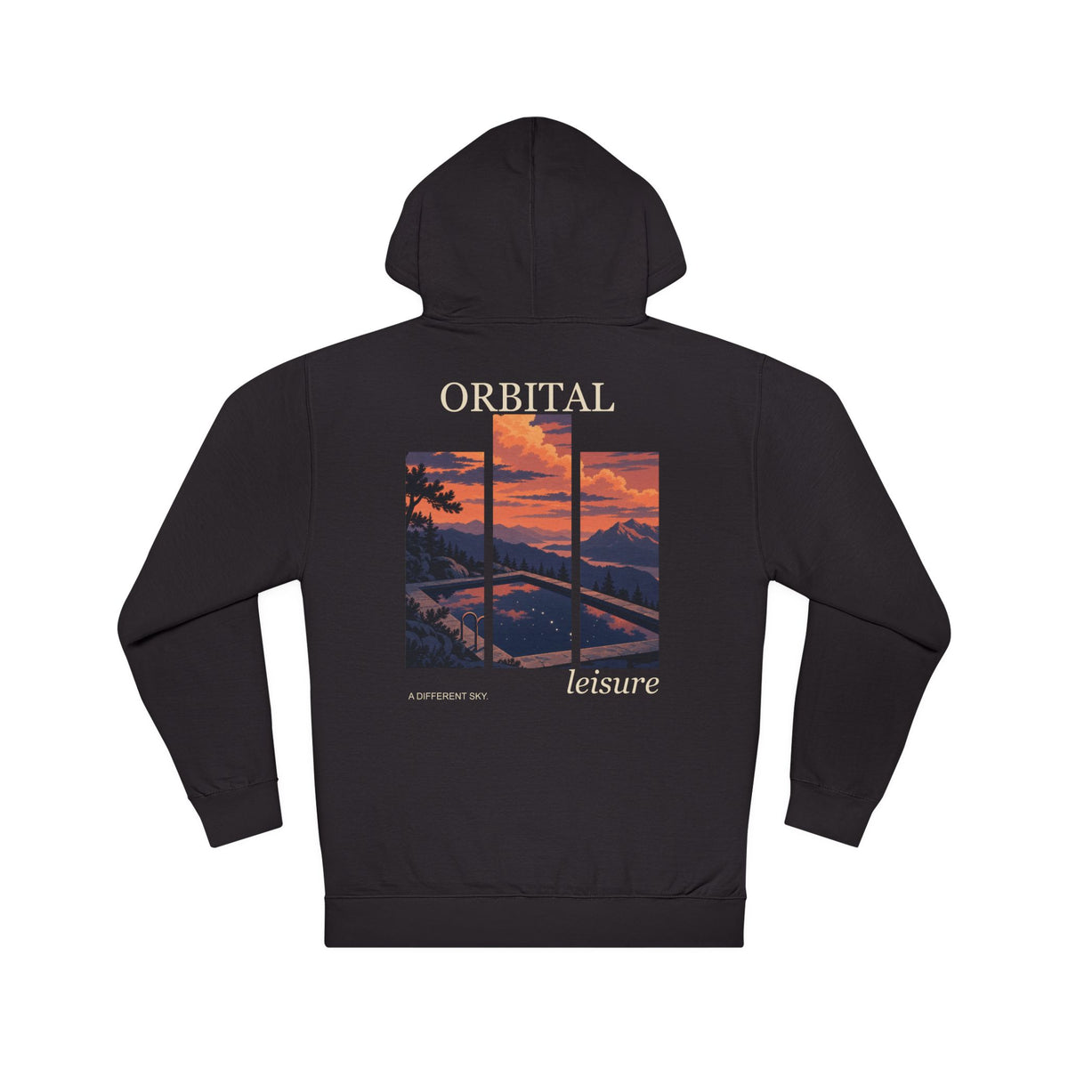 A Different Sky Midweight Hoodie in Black, back view with the large illustrated print. Digital product mockup.