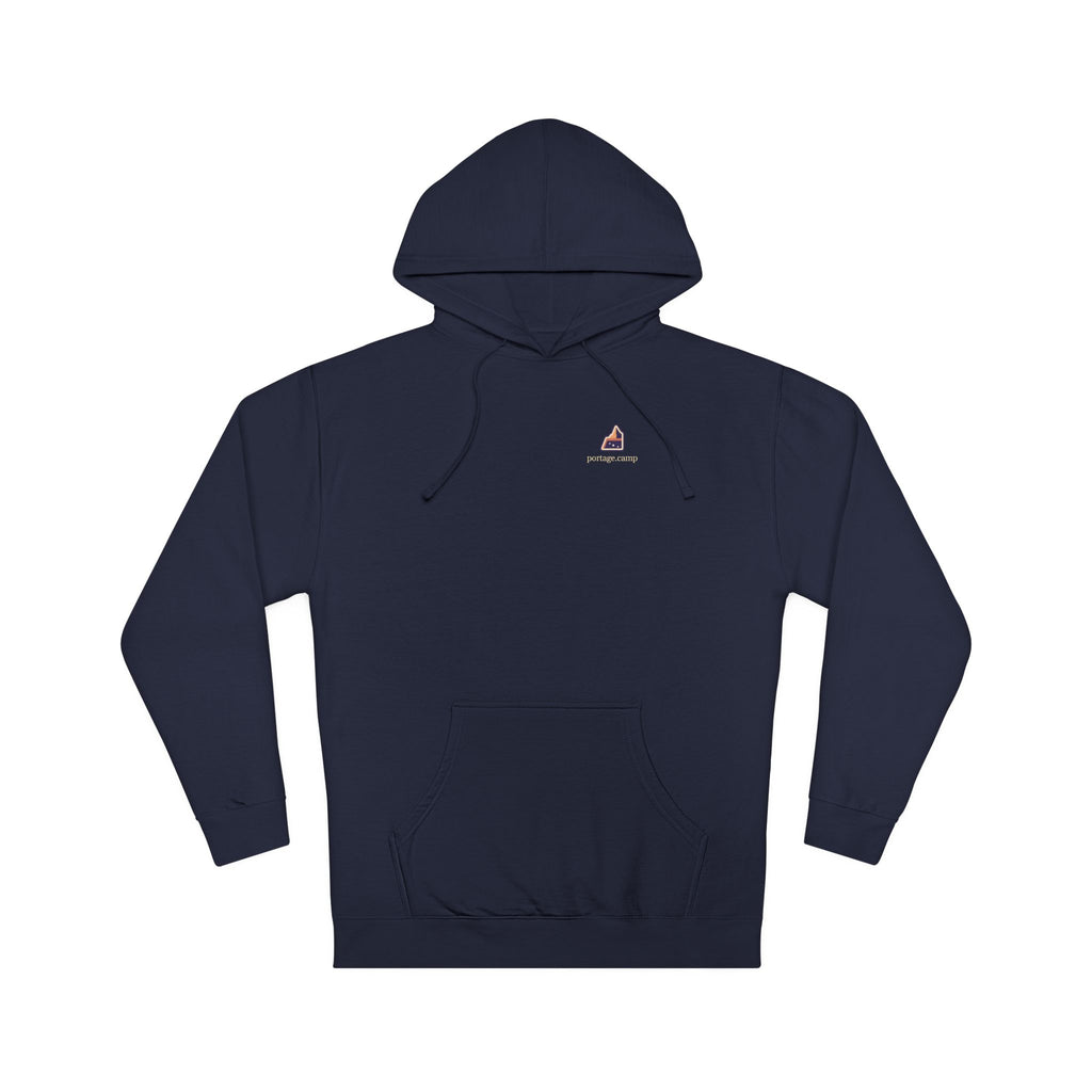 A Different Sky Midweight Hoodie in Classic Navy, front view with the A Different Sky logo and portage.camp on the chest. Digital product mockup.