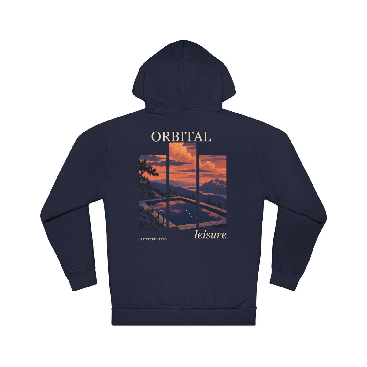 A Different Sky Midweight Hoodie in Classic Navy, back view with the large illustrated print. Digital product mockup.