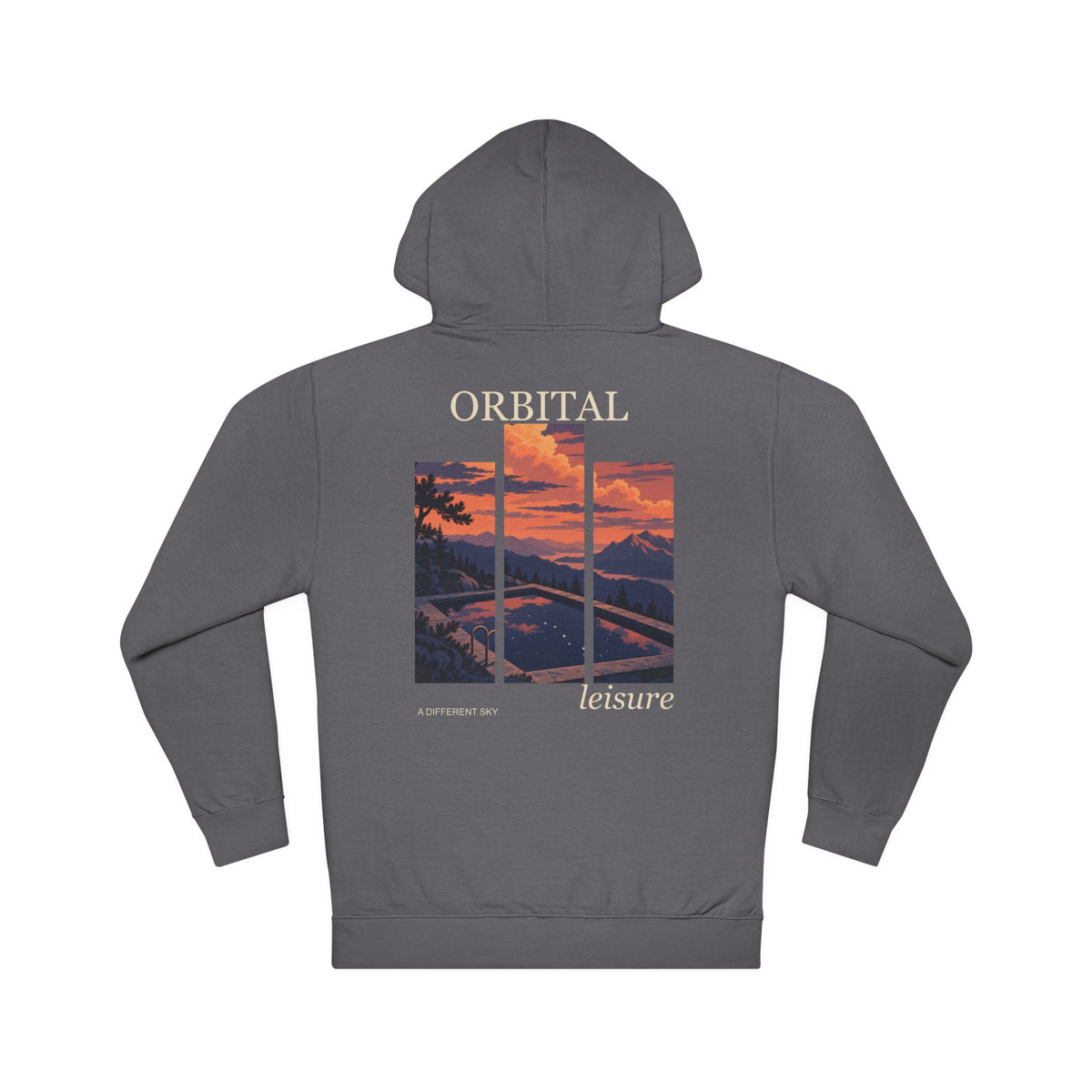 A Different Sky Midweight Hoodie in Charcoal, back view with the large illustrated print. Digital product mockup.