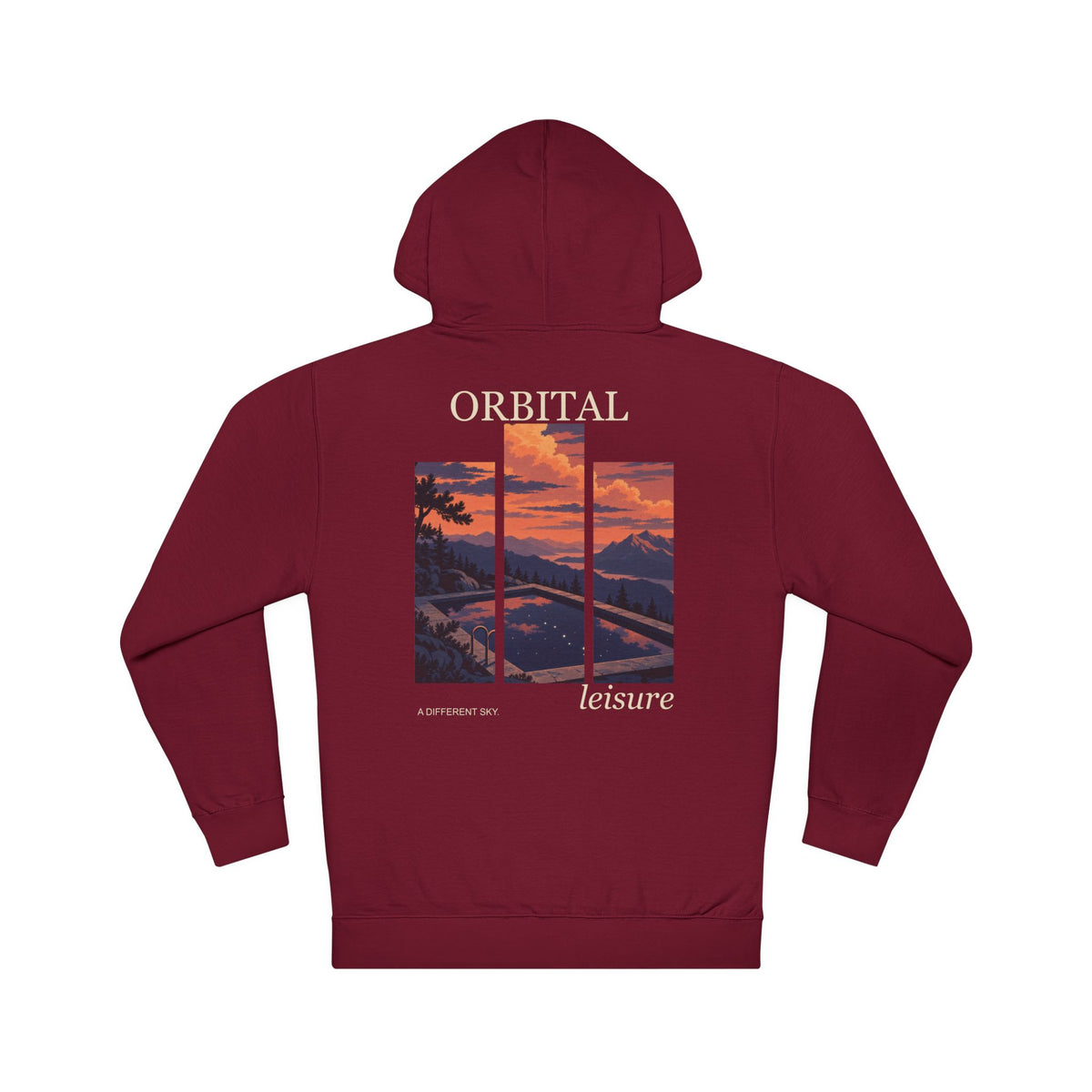 A Different Sky Midweight Hoodie in Maroon, back view with the large illustrated print. Digital product mockup.