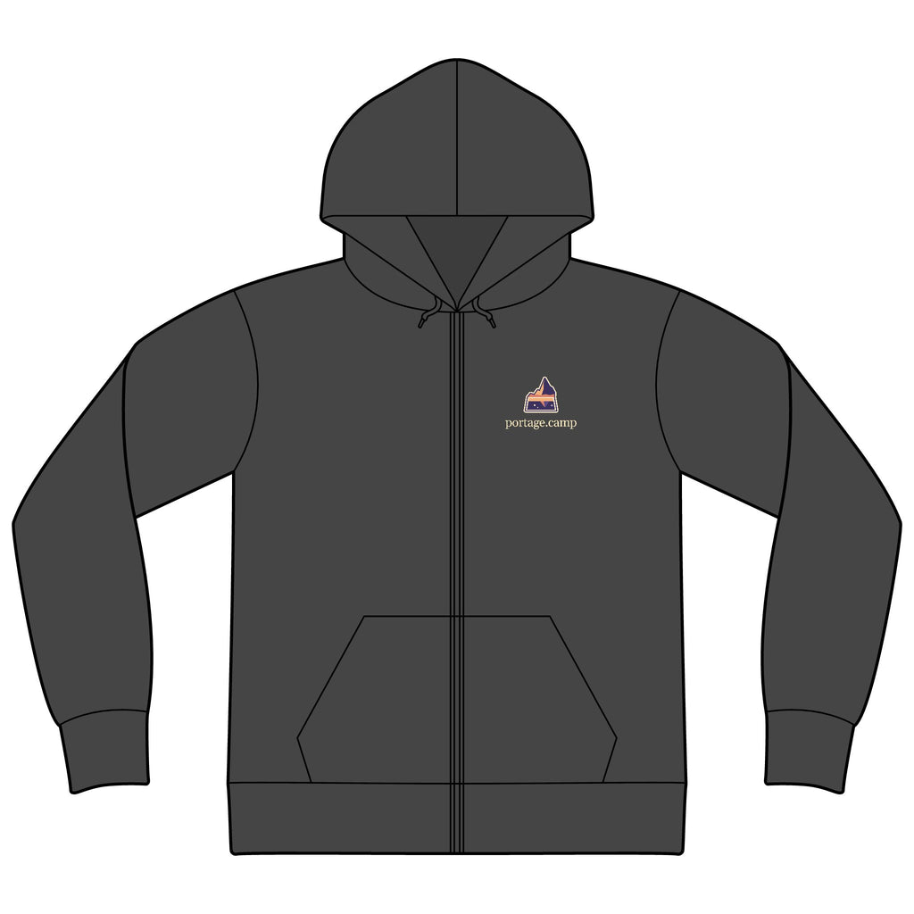 A Different Sky Zip Hoodie in Dark Heather, front view with the A Different Sky logo and portage.camp on the left chest. Digital product mockup.
