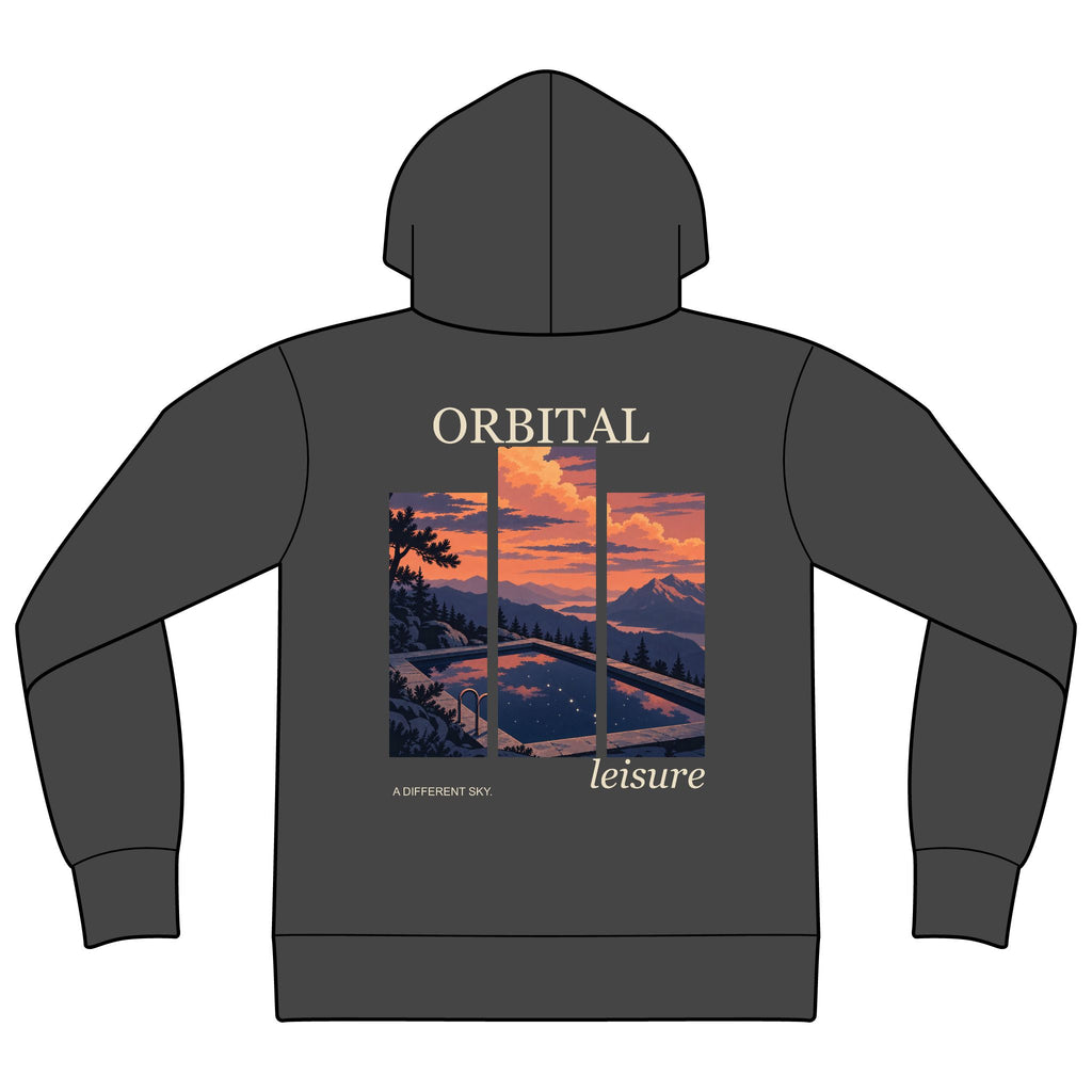 A Different Sky Zip Hoodie in Dark Heather, back view with the large illustrated print. Digital product mockup.