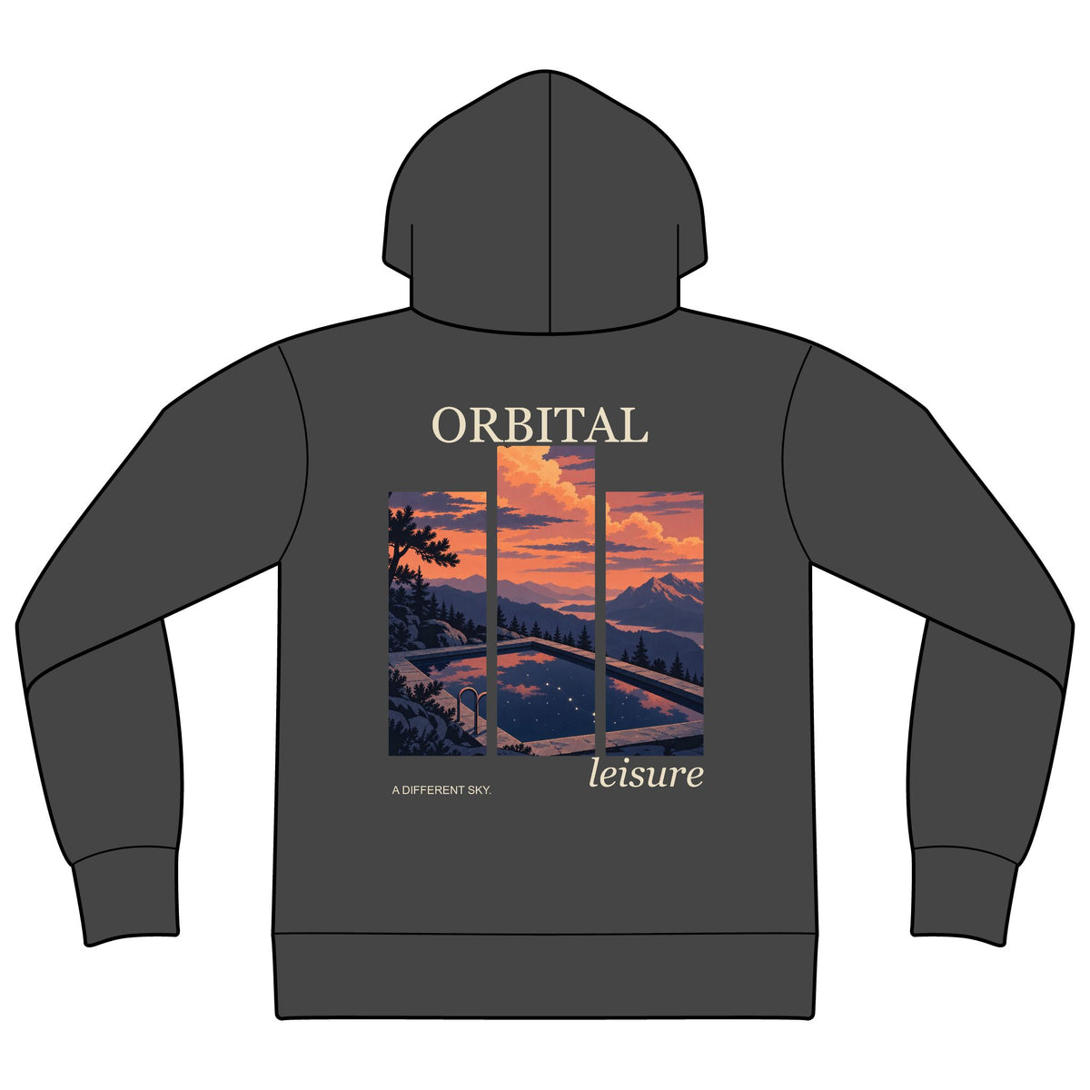 A Different Sky Zip Hoodie in Dark Heather, back view with the large illustrated print. Digital product mockup.