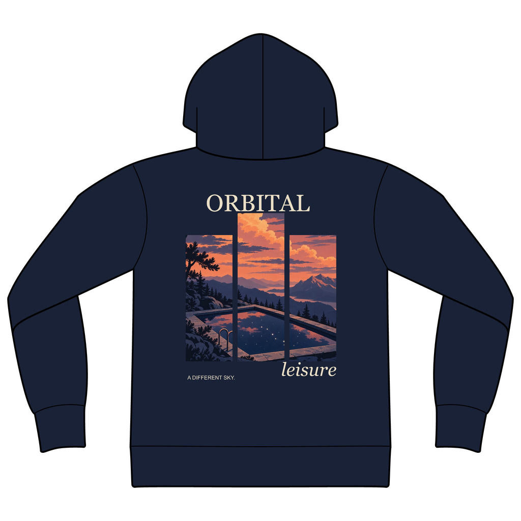 A Different Sky Zip Hoodie in Navy, back view with the large illustrated print. Digital product mockup.