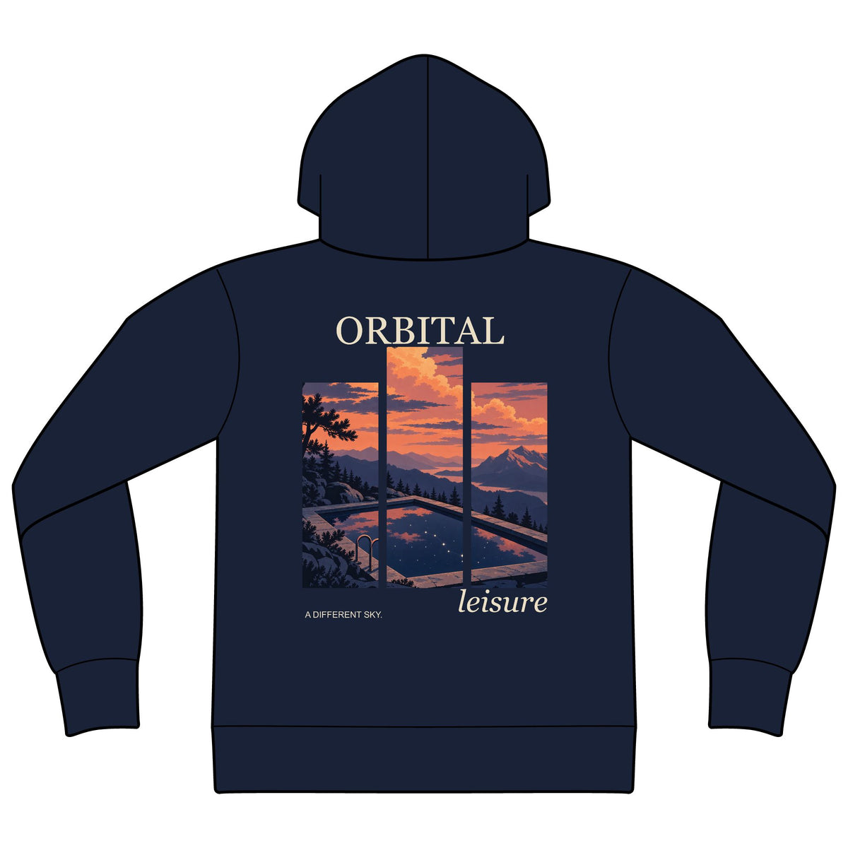 A Different Sky Zip Hoodie in Navy, back view with the large illustrated print. Digital product mockup.