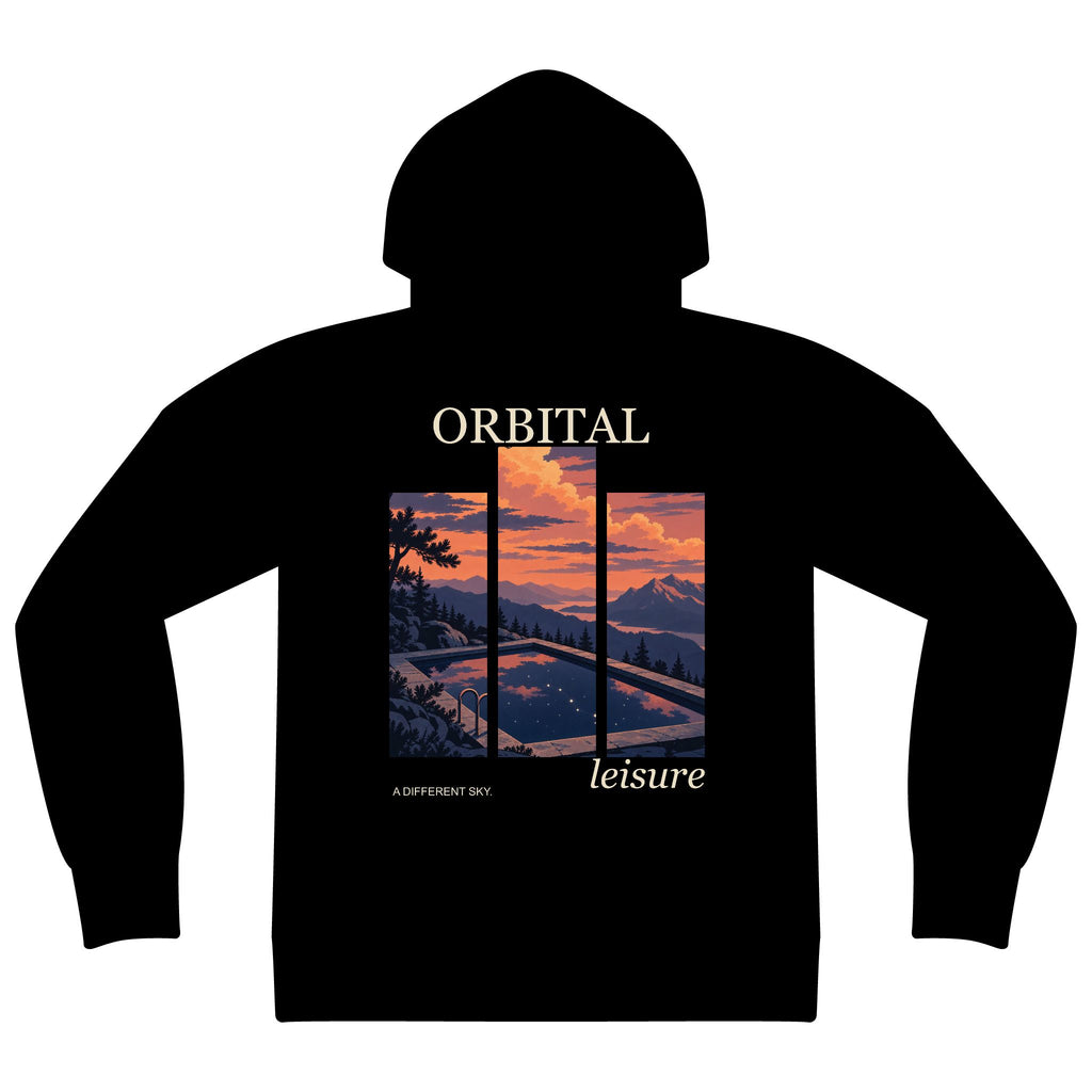 A Different Sky Zip Hoodie in Black, back view with the large illustrated print. Digital product mockup.