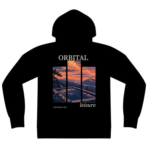 A Different Sky Zip Hoodie in Black, back view with the large illustrated print. Digital product mockup.