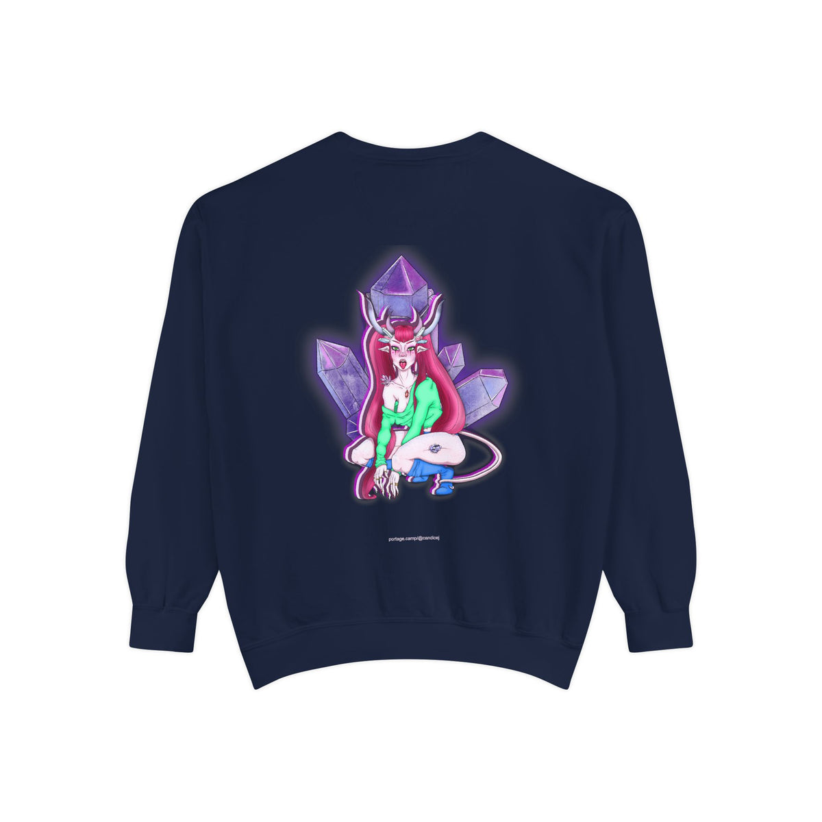 Amethyst After Hours Garment-Dyed Crewneck in True Navy, back view with the large illustrated print. Digital product mockup.